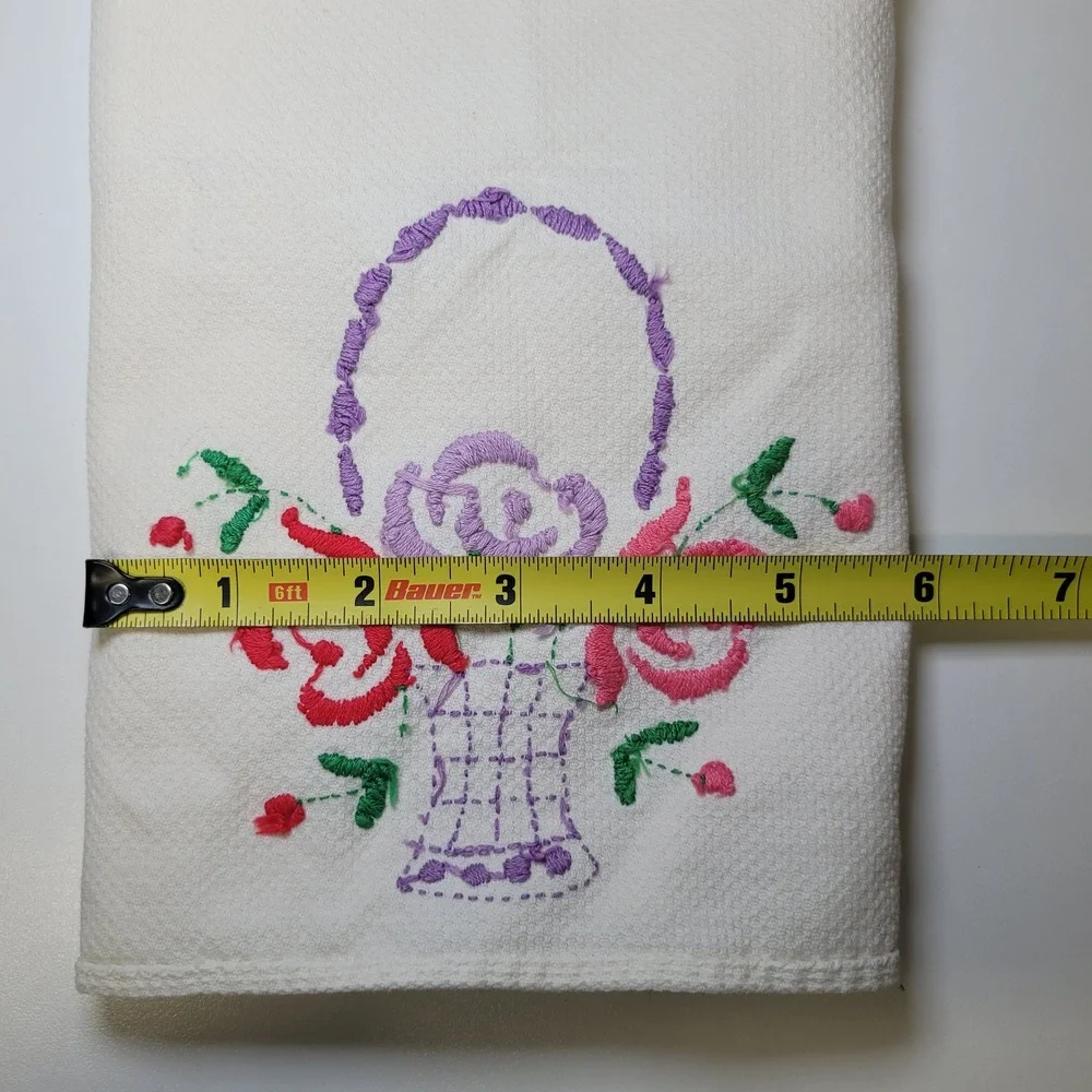 Vintage Hand Embroidered Floral Basket Tea Towel White Cotton Pink Purple